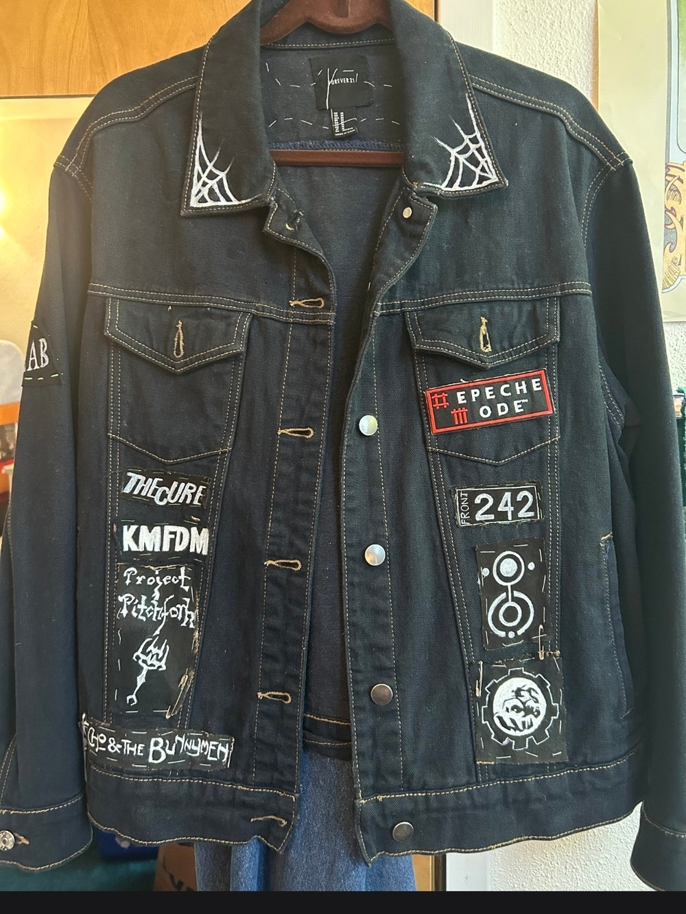Hand Painted Dark Grey Black DENIM JACKET with Patches